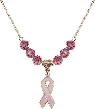 18" Hamilton Gold Plated Necklace with 4mm Rose Crystal Beads featuring a 14kt Gold Filled Cancer Awareness Medal.