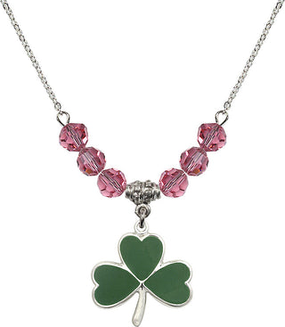 18" Rhodium Plated Necklace with 4mm Rose Crystal Beads featuring a Sterling Silver Shamrock Medal.