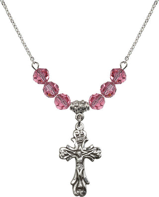 18" Rhodium Plated Necklace with 4mm Rose Crystal Beads featuring a Sterling Silver Crucifix Medal.