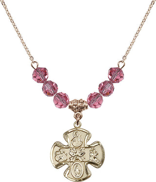 18" Hamilton Gold Plated Necklace with 4mm Rose Crystal Beads featuring a 14kt Gold Filled 5-Way Medal.