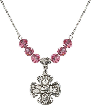 18" Rhodium Plated Necklace with 4mm Rose Crystal Beads featuring a Sterling Silver 5-Way Medal.