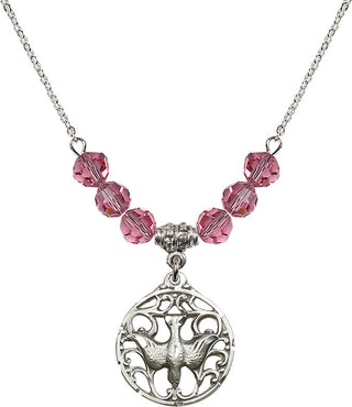 18" Rhodium Plated Necklace with 4mm Rose Crystal Beads featuring a Sterling Silver Holy Spirit Medal.