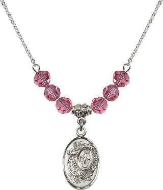 18" Rhodium Plated Necklace with 4mm Rose Crystal Beads featuring a Sterling Silver Miraculous Medal.