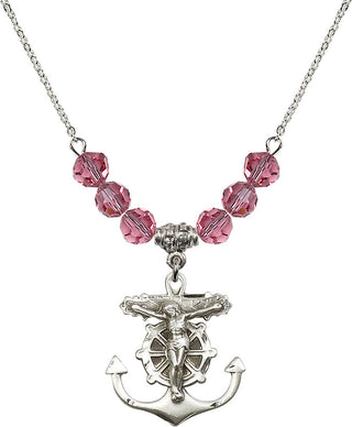 18" Rhodium Plated Necklace with 4mm Rose Crystal Beads featuring a Sterling Silver Anchor Crucifix Medal.