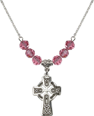 18" Rhodium Plated Necklace with 4mm Rose Crystal Beads featuring a Sterling Silver Celtic Cross Medal.
