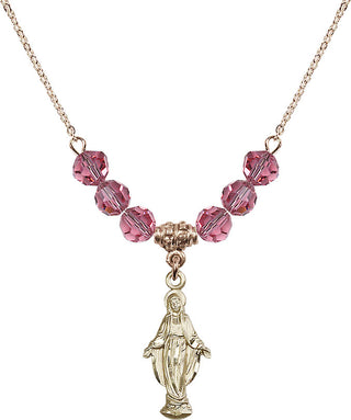 18" Hamilton Gold Plated Necklace with 4mm Rose Crystal Beads featuring a 14kt Gold Filled Miraculous Medal.