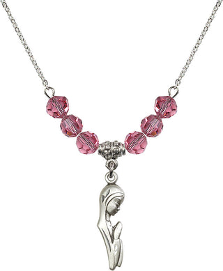 18" Rhodium Plated Necklace with 4mm Rose Crystal Beads featuring a Sterling Silver Madonna Medal.