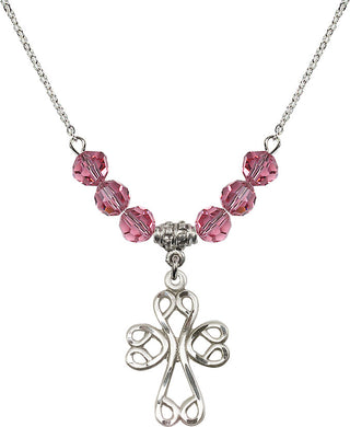 18" Rhodium Plated Necklace with 4mm Rose Crystal Beads featuring a Sterling Silver Scroll Cross Medal.