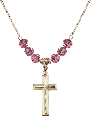 18" Hamilton Gold Plated Necklace with 4mm Rose Crystal Beads featuring a 14kt Gold Filled Cross Medal. Engraved Catholic Saint Jewelry
