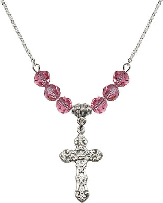 18" Rhodium Plated Necklace with 4mm Rose Crystal Beads featuring a Sterling Silver Cross Medal. Engraved Catholic Saint Jewelry