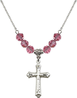18" Rhodium Plated Necklace with 4mm Rose Crystal Beads featuring a Sterling Silver Cross Medal. Engraved Catholic Saint Jewelry