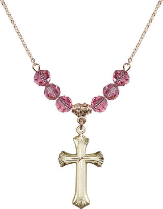 18" Hamilton Gold Plated Necklace with 4mm Rose Crystal Beads featuring a 14kt Gold Filled Cross Medal. Engraved Catholic Saint Jewelry