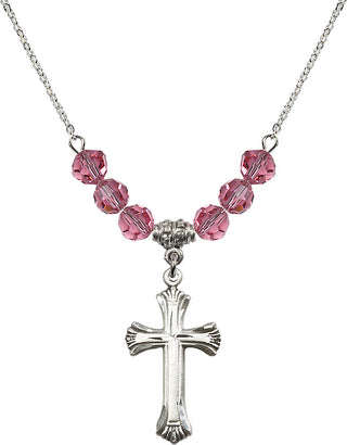 18" Rhodium Plated Necklace with 4mm Rose Crystal Beads featuring a Sterling Silver Cross Medal. Engraved Catholic Saint Jewelry