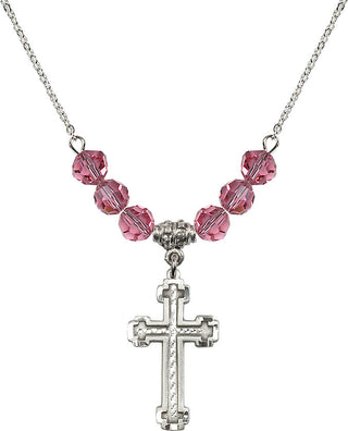18" Rhodium Plated Necklace with 4mm Rose Crystal Beads featuring a Sterling Silver Cross Medal.