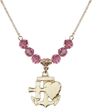 18" Hamilton Gold Plated Necklace with 4mm Rose Crystal Beads featuring a 14kt Gold Filled Faith, Hope & Charity Medal.