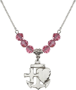 18" Rhodium Plated Necklace with 4mm Rose Crystal Beads featuring a Sterling Silver Faith, Hope & Charity Medal.