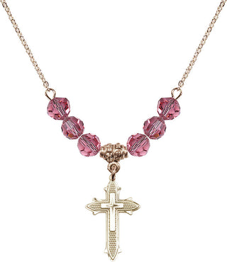 18" Hamilton Gold Plated Necklace with 4mm Rose Crystal Beads featuring a 14kt Gold Filled Cross on Cross Medal. Engraved Catholic Saint Jewelry