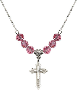 18" Rhodium Plated Necklace with 4mm Rose Crystal Beads featuring a Sterling Silver Cross on Cross Medal. Engraved Catholic Saint Jewelry