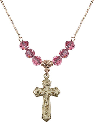 18" Hamilton Gold Plated Necklace with 4mm Rose Crystal Beads featuring a 14kt Gold Filled Crucifix Medal.