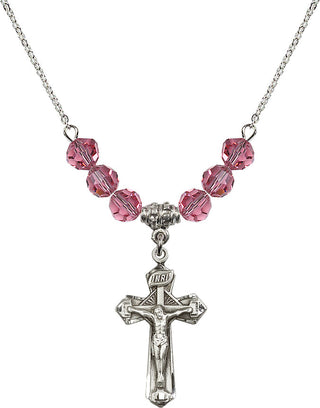 18" Rhodium Plated Necklace with 4mm Rose Crystal Beads featuring a Sterling Silver Crucifix Medal.