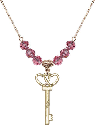 18" Hamilton Gold Plated Necklace with 4mm Rose Crystal Beads featuring a 14kt Gold Filled Small Key w/Double Hearts Medal.