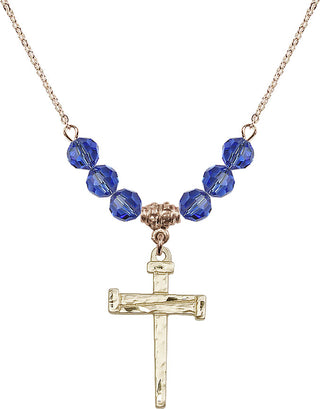 18" Hamilton Gold Plated Necklace with 4mm Sapphire Crystal Beads featuring a 14kt Gold Filled Nail Cross Medal.