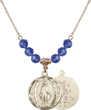 18" Hamilton Gold Plated Necklace with 4mm Sapphire Crystal Beads featuring a 14kt Gold Filled Miraculous Medal.