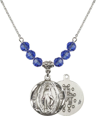18" Rhodium Plated Necklace with 4mm Sapphire Crystal Beads featuring a Sterling Silver Miraculous Medal.