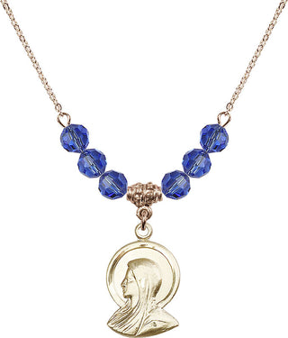 18" Hamilton Gold Plated Necklace with 4mm Sapphire Crystal Beads featuring a 14kt Gold Filled Madonna Medal.