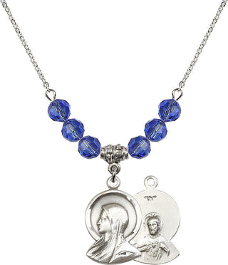 18" Rhodium Plated Necklace with 4mm Sapphire Crystal Beads featuring a Sterling Silver Madonna Medal.