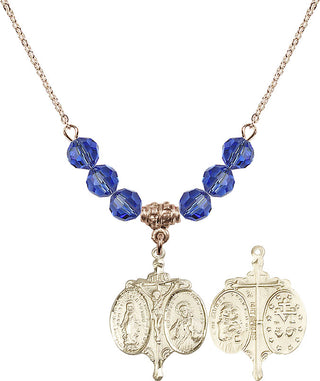 18" Hamilton Gold Plated Necklace with 4mm Sapphire Crystal Beads featuring a 14kt Gold Filled Novena Medal.