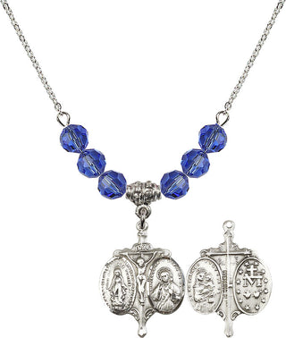 18" Rhodium Plated Necklace with 4mm Sapphire Crystal Beads featuring a Sterling Silver Novena Medal.