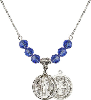 18" Rhodium Plated Necklace with 4mm Sapphire Crystal Beads featuring a Sterling Silver Saint Benedict Medal.