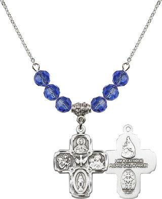18" Rhodium Plated Necklace with 4mm Sapphire Crystal Beads featuring a Sterling Silver 5-Way Medal.