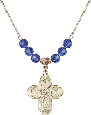 18" Hamilton Gold Plated Necklace with 4mm Sapphire Crystal Beads featuring a 14kt Gold Filled 4-Way Medal.