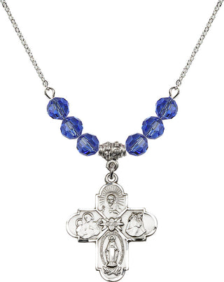 18" Rhodium Plated Necklace with 4mm Sapphire Crystal Beads featuring a Sterling Silver 4-Way Medal.