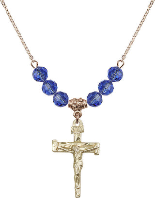 18" Hamilton Gold Plated Necklace with 4mm Sapphire Crystal Beads featuring a 14kt Gold Filled Nail Crucifix Medal.