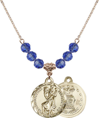 18" Hamilton Gold Plated Necklace with 4mm Sapphire Crystal Beads featuring a 14kt Gold Filled Saint Christopher / Air Force Medal.