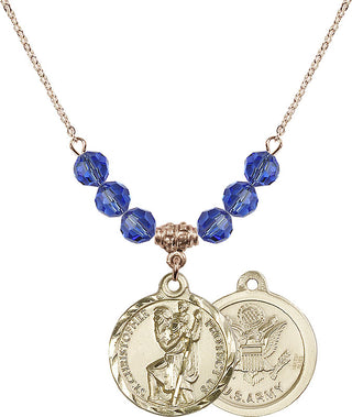 18" Hamilton Gold Plated Necklace with 4mm Sapphire Crystal Beads featuring a 14kt Gold Filled Saint Christopher / Army Medal.