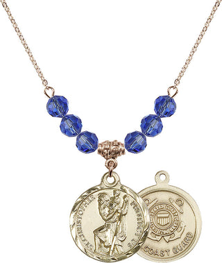 18" Hamilton Gold Plated Necklace with 4mm Sapphire Crystal Beads featuring a 14kt Gold Filled Saint Christopher / Coast Guard Medal.