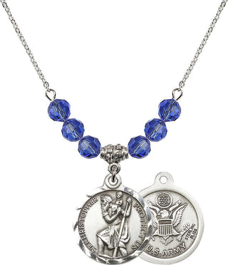 18" Rhodium Plated Necklace with 4mm Sapphire Crystal Beads featuring a Sterling Silver Saint Christopher / Army Medal.