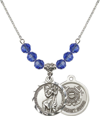 18" Rhodium Plated Necklace with 4mm Sapphire Crystal Beads featuring a Sterling Silver Saint Christopher / Coast Guard Medal.