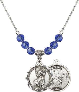 18" Rhodium Plated Necklace with 4mm Sapphire Crystal Beads featuring a Sterling Silver Saint Christopher / Nat'l Guard Medal.