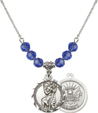 18" Rhodium Plated Necklace with 4mm Sapphire Crystal Beads featuring a Sterling Silver Saint Christopher / Navy Medal.
