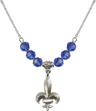 18" Rhodium Plated Necklace with 4mm Sapphire Crystal Beads featuring a Sterling Silver Fleur de Lis Medal.