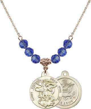 18" Hamilton Gold Plated Necklace with 4mm Sapphire Crystal Beads featuring a 14kt Gold Filled Saint Michael / Army Medal.