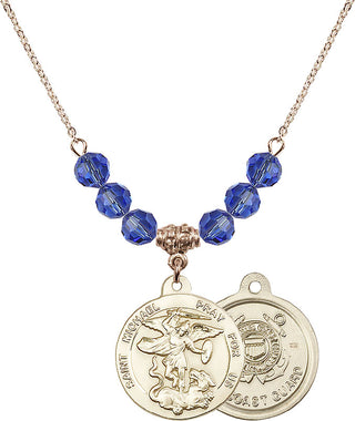 18" Hamilton Gold Plated Necklace with 4mm Sapphire Crystal Beads featuring a 14kt Gold Filled Saint Michael / Coast Guard Medal.