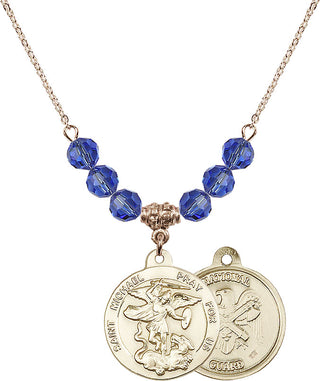 18" Hamilton Gold Plated Necklace with 4mm Sapphire Crystal Beads featuring a 14kt Gold Filled Saint Michael / Nat'l Guard Medal.