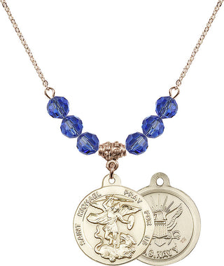 18" Hamilton Gold Plated Necklace with 4mm Sapphire Crystal Beads featuring a 14kt Gold Filled Saint Michael / Navy Medal.