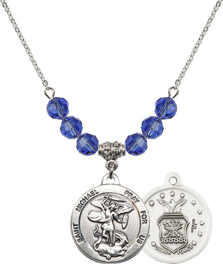 18" Rhodium Plated Necklace with 4mm Sapphire Crystal Beads featuring a Sterling Silver Saint Michael / Air Force Medal.